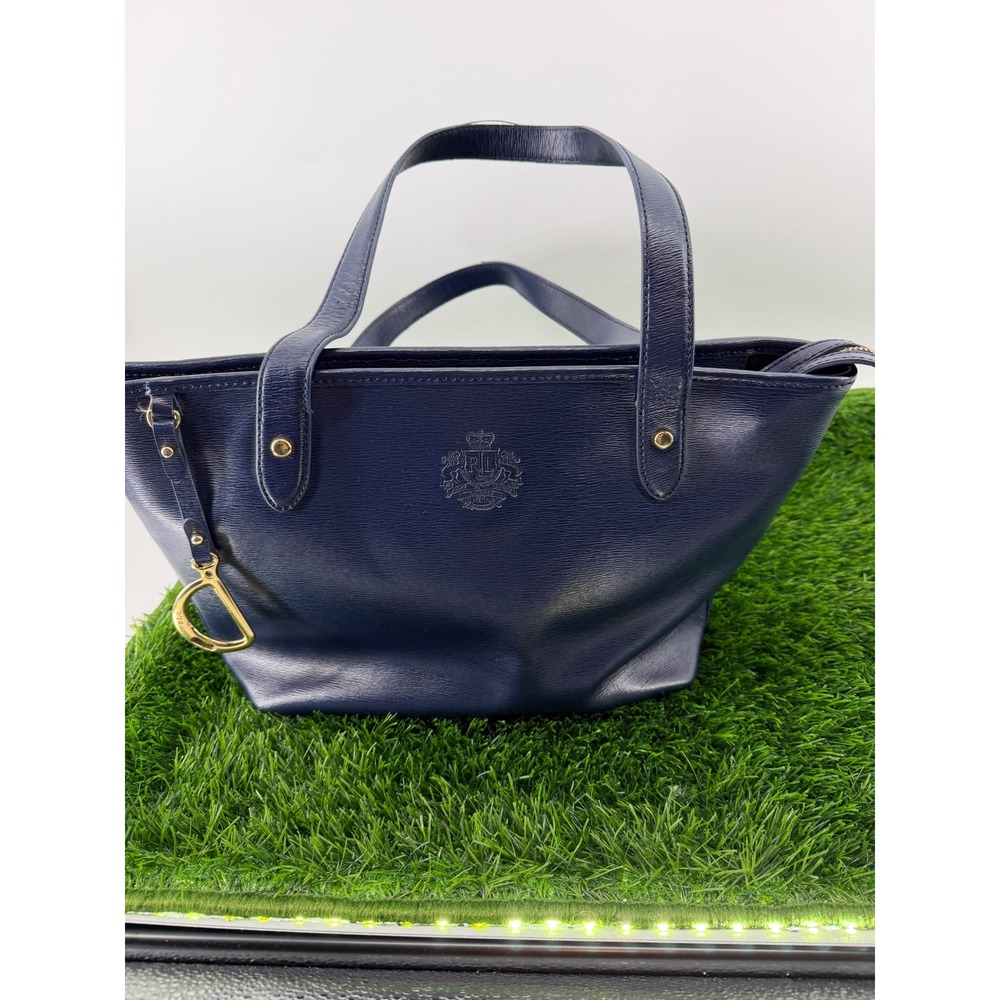 Lauren Ralph Lauren Navy Blue Textured Leather Crest Tote Bag Gold Hardware